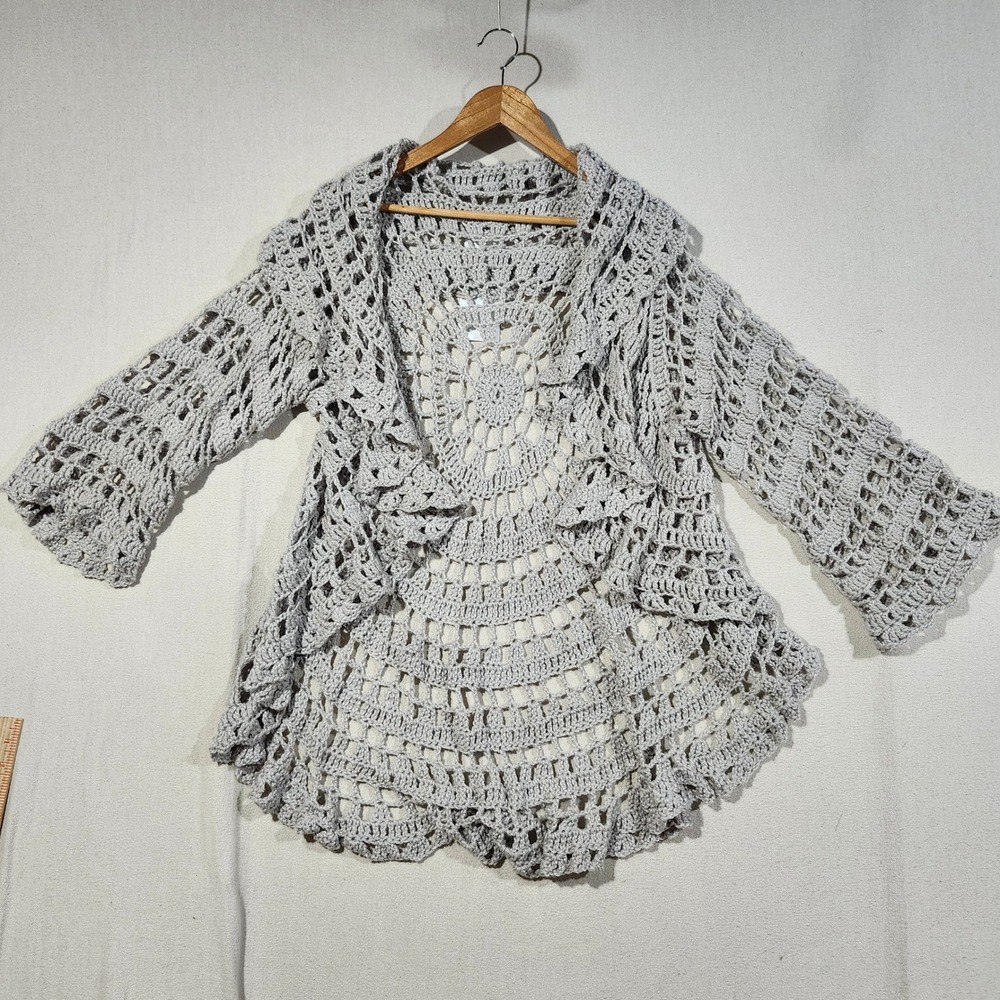 Handmade Crochet Mandala Cardigan Grey Open Front Ruffle Boho Festival Wrap